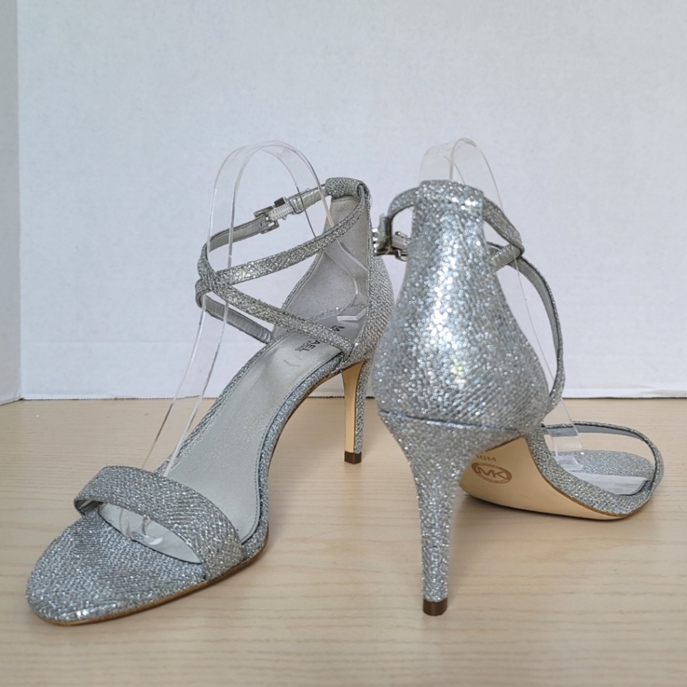 Michael Kors Ava Mid Heel Strappy Silver Glitter Sandals Heels PV19H Size 10M